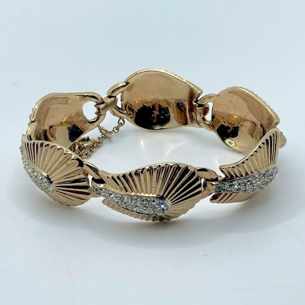 BOUCHER Gold Plated White Crystal MCM Leaf Design Link Bracelet 7” Vintage